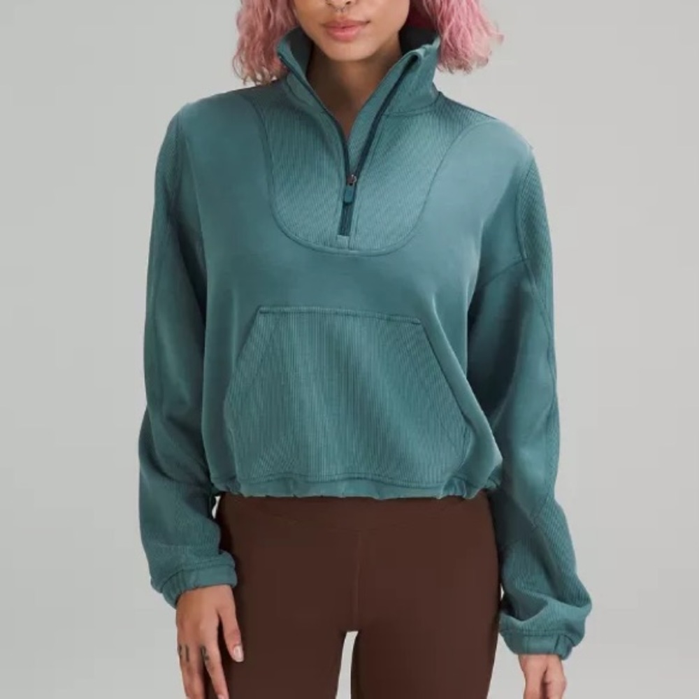 Lululemon Brushed Softstreme Ribbed Half Zip in Green Jasper - size 12
